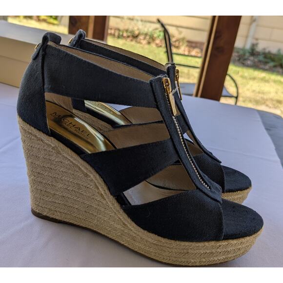 Michael Kors Size 8.5 M Damita Wedge Sandal Heels Women Shoes Navy Espadrille - Picture 2 of 10